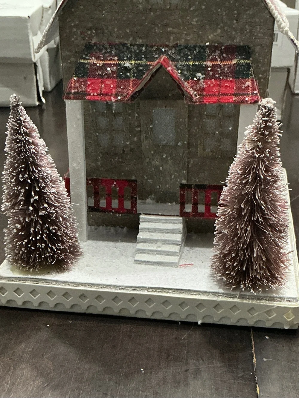 Plaid Roof Holiday Decorative House - White and Red